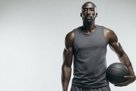Confident athletic basketball player holding a ball — muscular male athlete in sleeveless shirt, studio-lit sports portrait ready for action