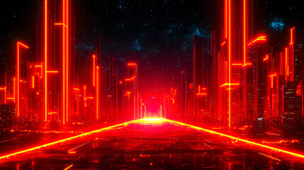 Neon city street glows under starry expanse, with red lights illuminating buildings in an isolated cybernetic landscape