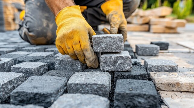 Worker laying gray paving stones on a sunny summer day with construction tools and yellow gloves on a patio