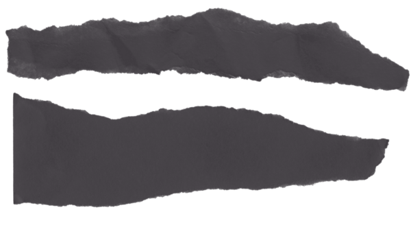 Two dark gray torn paper pieces with rough edges isolated on transparent background