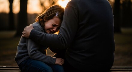 Girl crying on her parents shoulder, seeking comfort and support. Concept of childhood trauma, emotional breakdown, and mental health for family therapy.