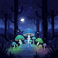 Enchanting Mushroom Glade under a Starry Night in a Cartoonish Style