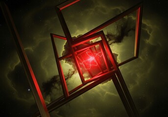 Futuristic energy core nested in geometric architecture amid cosmic clouds