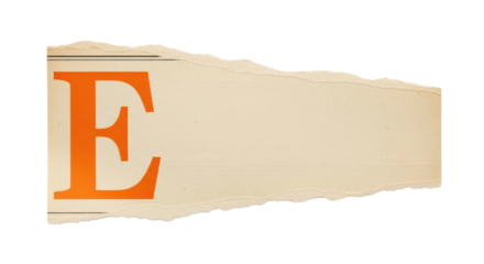 Old torn newspaper fragment featuring a prominent uppercase orange letter E typography element
