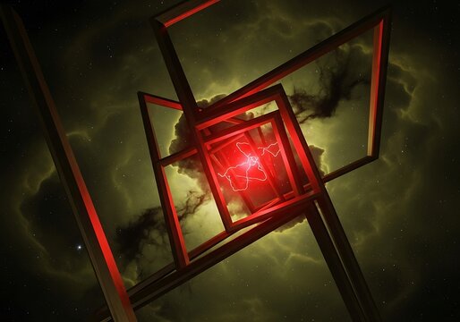 Futuristic energy core nested in geometric architecture amid cosmic clouds