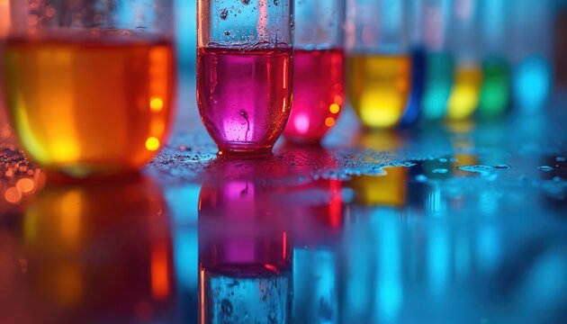 Row of colorful liquids in test tubes create vibrant reflections on wet laboratory surface. Bubbles and water droplets add texture to scientific experiment setting. Research and discovery.