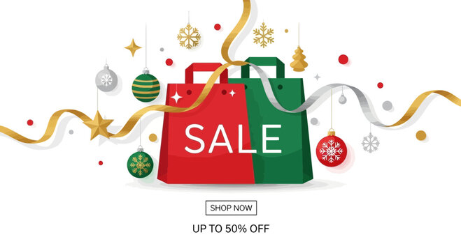 Festive christmas sale with shopping bags and ornaments offering up to 50 percent off