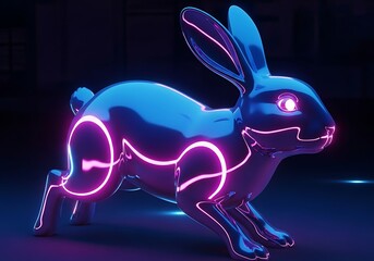 Futuristic Metallic Rabbit Sculpture with Neon Accents on Dark Backdrop