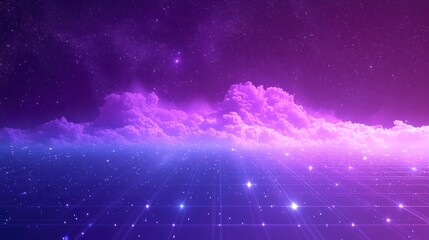Celestial horizon where digital dreams meet cotton candy clouds on a starry night landscape