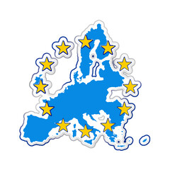 European Union as EU symbol, isolated, blue map with yellow stars and white padding with shadow and outline