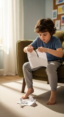 Young boy tearing piece of paper. Child with possible autism spectrum disorder engaged in repetitive behavior or expressing frustration.