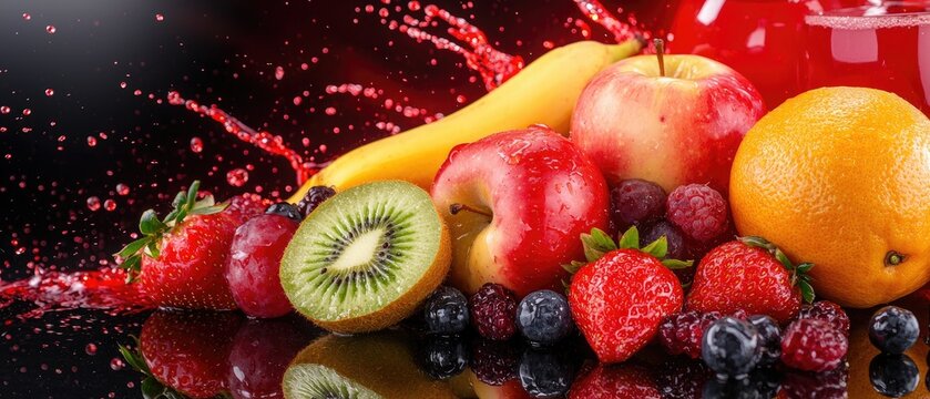 Vibrant splash of mixed fruit juice with apples, strawberries, kiwis, bananas, oranges, and lemons set against a colorful backdrop - Powered by Adobe