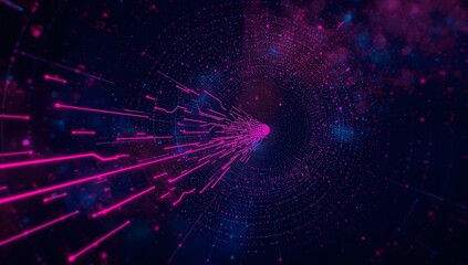 Abstract glowing pink data tunnel, high-speed digital information flow network design.