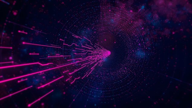Abstract glowing pink data tunnel, high-speed digital information flow network design.