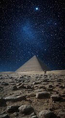 Giza's great pyramid and sphinx under the enchanting glow of a full moon, revealing ancient wonders and starry skies at nighttime