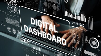 Hands typing on keyboard with digital dashboard and data analytics graphics overlay in modern workspace environment. Asymptotic smart data analytic.