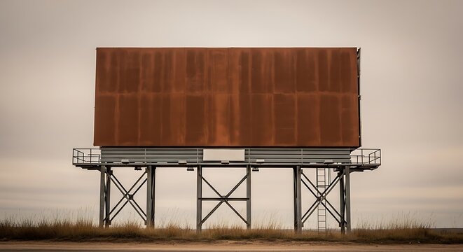 Rustic billboard standing tall amidst vast landscape and overcast sky