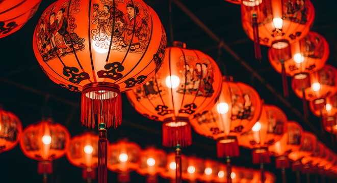 Glowing red Chinese lanterns with detailed illustrations of figures and red tassels, hanging for the Lunar New Year celebration