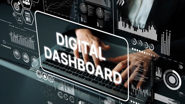 Hands typing on keyboard with digital dashboard and data analytics graphics overlay in modern workspace environment. Asymptotic smart data analytic. - Powered by Adobe