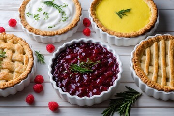 A variety of delicious fruit and cream pies displayed on a wooden table, featuring vibrant colors and fresh ingredients, perfect for dessert lovers.