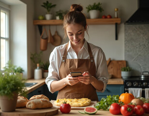Young woman in apron uses smartphone in kitchen with bread and vegetables. She smiles looking at screen, possibly following recipe or sharing cooking content online.