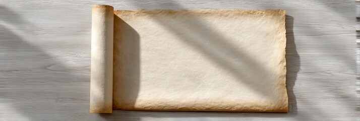 An ancient scroll lies partially unrolled on a wooden table, illuminated by soft natural light, creating a serene and historical atmosphere.
