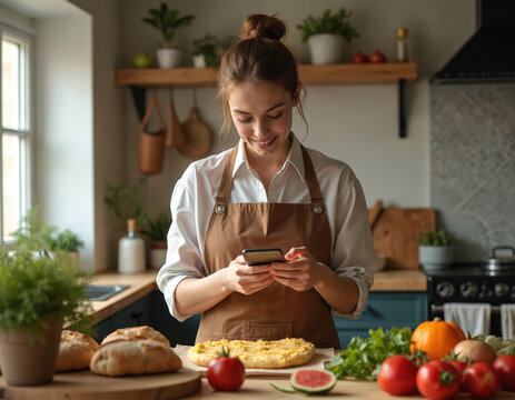 Young woman in apron uses smartphone in kitchen with bread and vegetables. She smiles looking at screen, possibly following recipe or sharing cooking content online. - Powered by Adobe