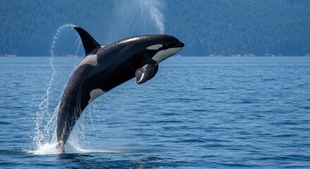 Obraz premium Orca breaching from blue water with forested hills in background