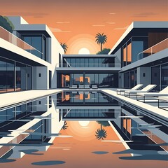 Luxury villa with pool reflecting sunset, modern architectural design