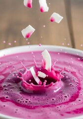 Majestic splash of vibrant pink smoothie with coconut chunks falling down