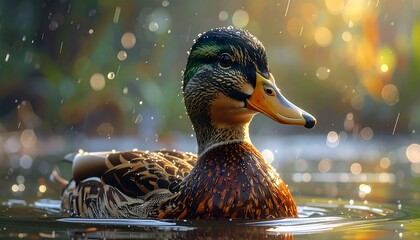A close-up portrait of a colorful waterfowl, floating on calm water with soft, blurred background and light play