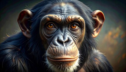 A close-up portrait of a chimpanzee, capturing its detailed facial features, intelligent eyes, and textured fur