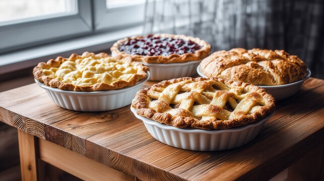 Four different types of homemade pies displayed on a wooden table by a window, showcasing various fillings and crusts, perfect for dessert lovers.