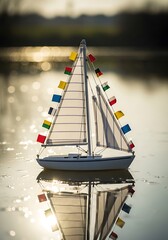 Miniature sailboat drifting on tranquil water, vibrant flags, serene view
