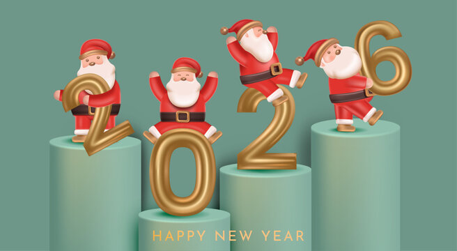 Cute Santa Claus Characters Celebrating Happy New Year 2026 with Golden Numbers and Festive 3D Minimal Background Illustration