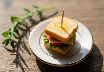 Miniature sandwich on elegant dish, displayed with subtle foliage shadow