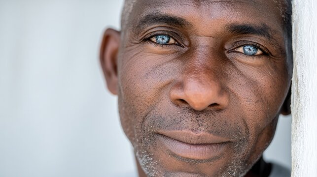 A close-up portrait of a middle-aged man with striking blue eyes, showcasing a thoughtful expression against a neutral background.