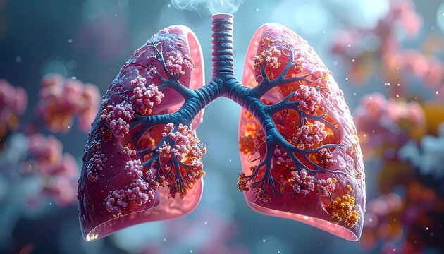 Anatomical lungs are highlighted with diseased growths in a colorful, abstract depiction