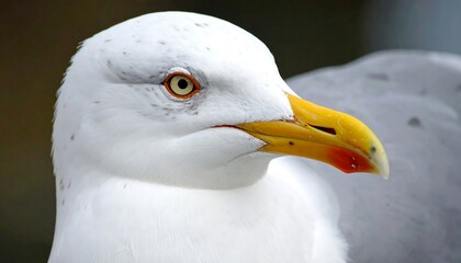 A close-up portrait of a gull reveals detailed plumage. The bird's eye has intricate colors, and a yellow beak adds vibrancy