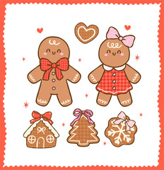 Cute Gingham Coquette Christmas Gingerbread Man and Girl Cartoon Hand Drawn, Kawii Girly Festive Cookies