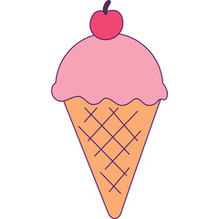 Pink Strawberry Ice Cream Cone with Cherry Topping on a Transparent Background