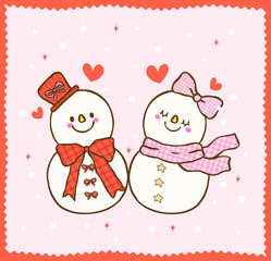 Cute Gingham Coquette Christmas Snowman and Snowgirl Cartoon Hand Drawn, Kawii Girly Festive Illustration