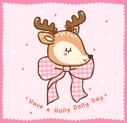 Cute Gingham Coquette Christmas Reindeer with Bow Cartoon Hand Drawn, Kawii Girly Festive Greeting card