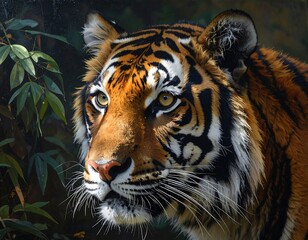 A close-up portrait of a majestic big cat, its orange and black stripes contrasting with soft foliage. Captivating golden eyes