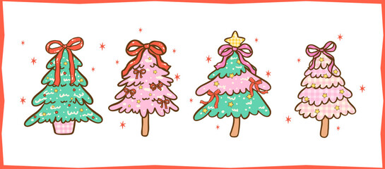 Cute Gingham Coquette Christmas Tree with Ribbon Bow Cartoon Hand Drawn Set, Kawii Girly Festive Holiday Doodle Collection