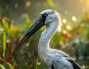 A close-up portrait of a majestic bird in a rainy environment, showcasing detailed feathers, a long beak, and sunlight