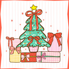 Cute Gingham Coquette Christmas Tree with Stack Gift Presen boxes Cartoon Hand Drawn, Kawii Girly Festive Holiday Greeting Card Printable