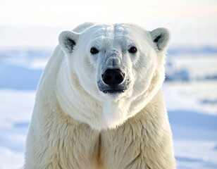 A close-up portrait of a majestic white bear, facing forward with a focused gaze. Snow and ice form the background
