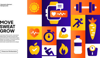 Modern Fitness Icon Grid Background - Vibrant Health and Workout Pattern Design for Gym, Wellness, and Sports Branding