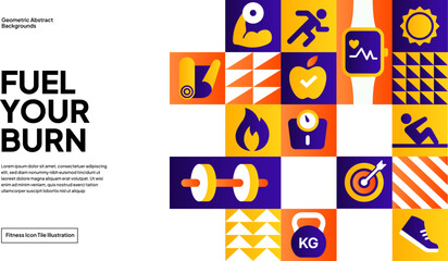 Colorful Fitness Icon Grid Background - Modern Health and Exercise Pattern for Gym and Wellness Design Projects